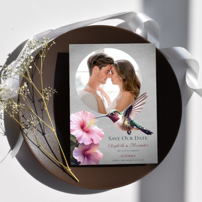 Hummingbird & Hibiscus Photo Save the Date | Grey Announcement (Gray Hummingbird Hibiscus Photo Save the Date)