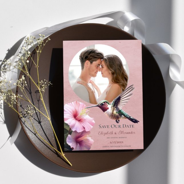 Hummingbird & Hibiscus Photo Save the Date Pink Announcement (Pink Hummingbird Hibiscus Photo Save the Date)