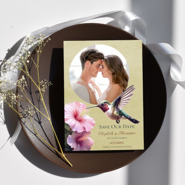 Hummingbird & Hibiscus Photo Save the Date Yellow Announcement (Yellow Hummingbird Hibiscus Photo Save the Date)