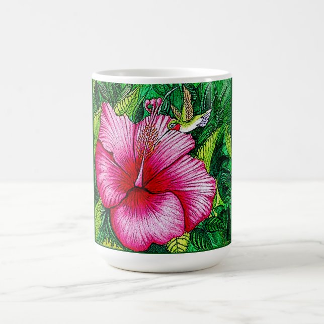 Hummingbird Hibiscus Watercolor Painting Coffee Mug (Center)