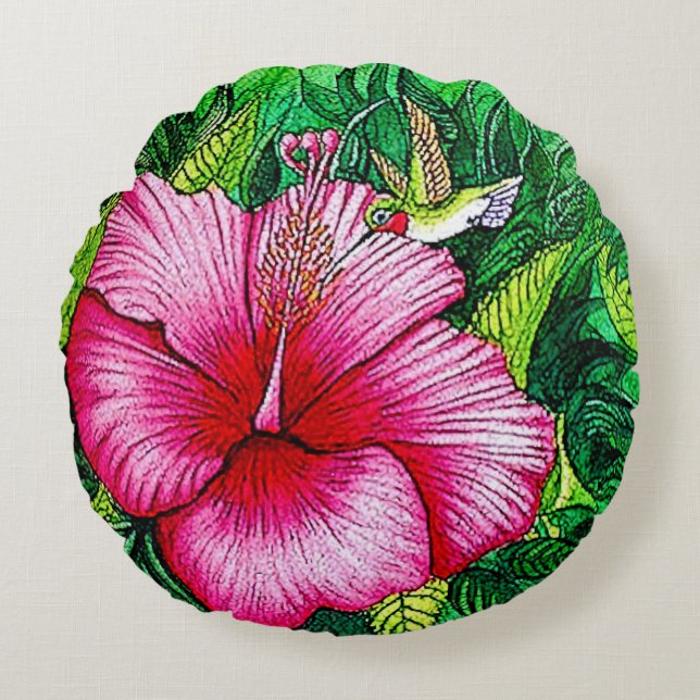 Hummingbird Hibiscus Watercolor Painting Round Cushion (Front)