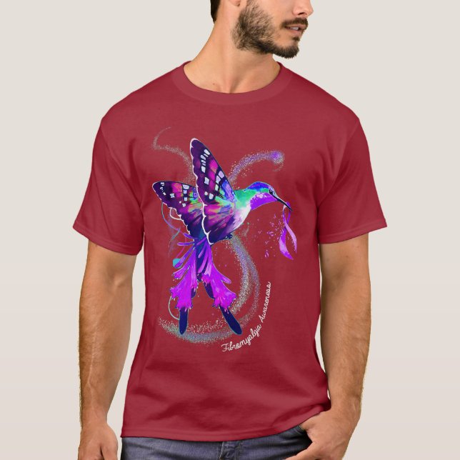 Hummingbird Holding Purple Ribbon Fibromyalgia T-Shirt (Front)