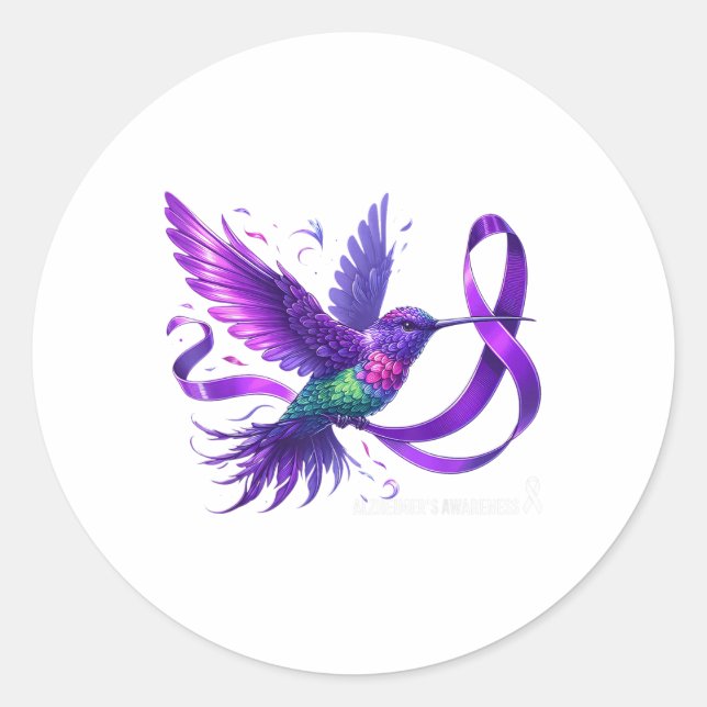 Hummingbird Holding Purple Ribbon Heimers Awarenes Classic Round Sticker (Front)