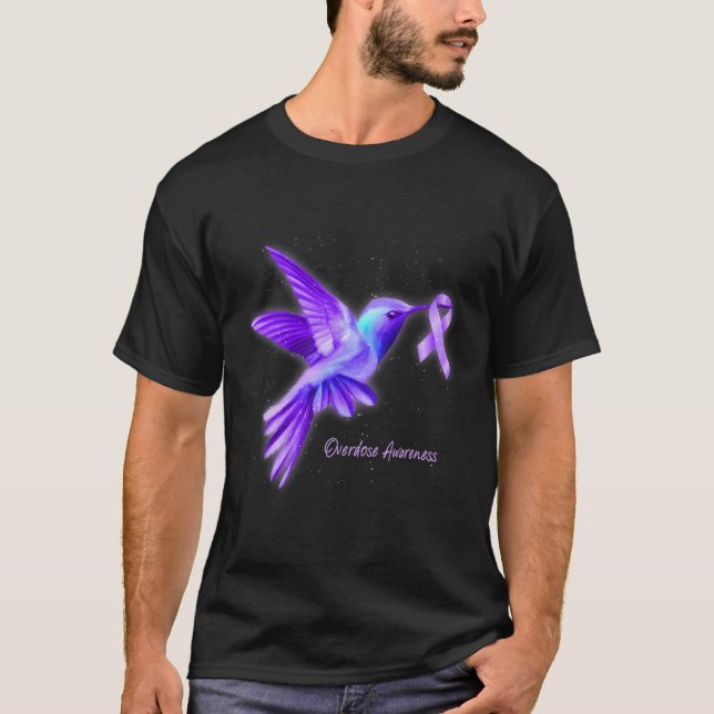Hummingbird Holding Purple Ribbon Overdose Awarene T-Shirt (Front)