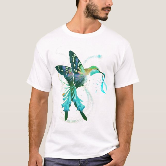 Hummingbird Holding Teal Ribbon Ovarian Cancer Awa T-Shirt (Front)