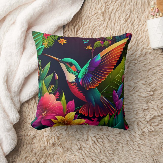 Hummingbird Hovering Over Tropical Garden Cushion (Blanket)