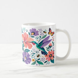 Hummingbird in a Blooming Floral Garden Coffee Mug