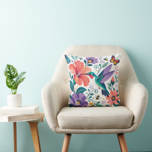 Hummingbird in a Blooming Floral Garden Cushion