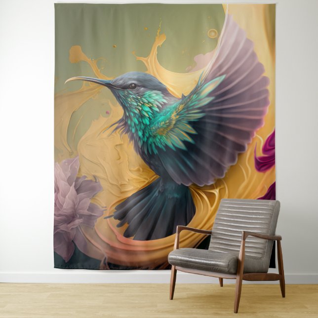 Hummingbird in Flight Abstract Art Wildlife Bird Tapestry (In Situ)