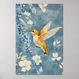 hummingbird in flight amidst white flowers poster