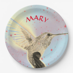 HUMMINGBIRD IN FLIGHT WITH CUSTOM NAME PAPER PLATE