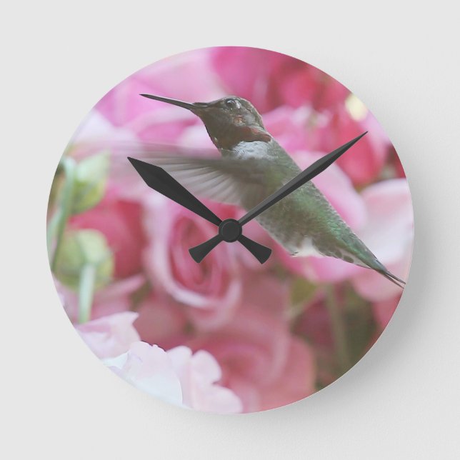 Hummingbird in pink spring flowers round clock (Front)
