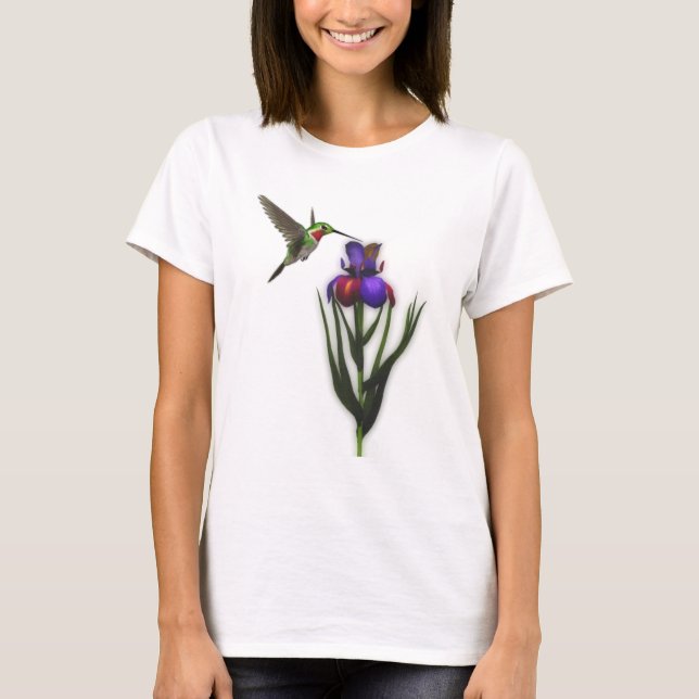 Hummingbird Iris Flower T-Shirt (Front)