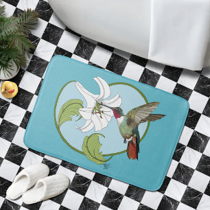 Hummingbird Lily Blue Art Nouveau  Bath Mat
