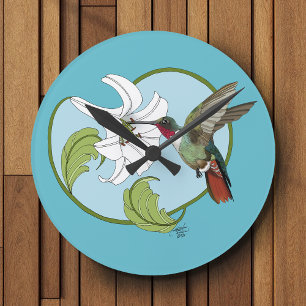 Hummingbird Lily Blue Art Nouveau Round Clock