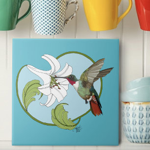 Hummingbird Lily Blue Art Nouveau Tile