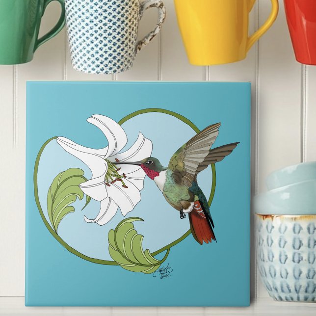 Hummingbird Lily Blue Art Nouveau  Tile (Creator Uploaded)