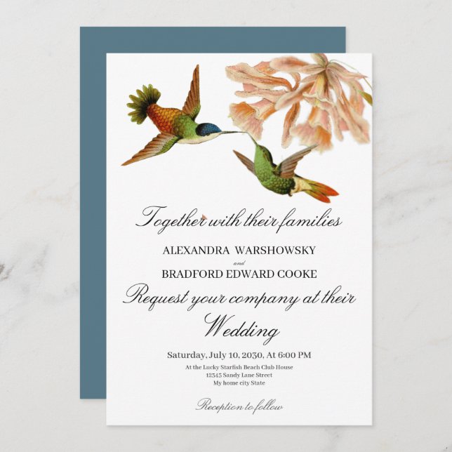 Hummingbird Lily Watercolor Blue White Wedding  (Front/Back)