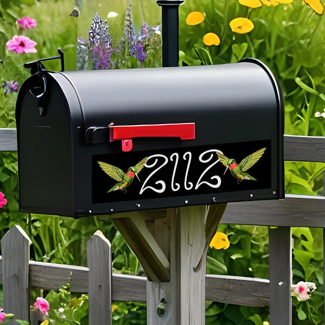 Hummingbird Mailbox Number Whimsical Vintage Black Bumper Sticker (Whimsical mailbox numbers with vintage hummingbirds on black)