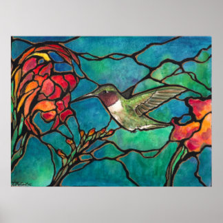 "Hummingbird Melody" Unique "stained glass" Art Poster