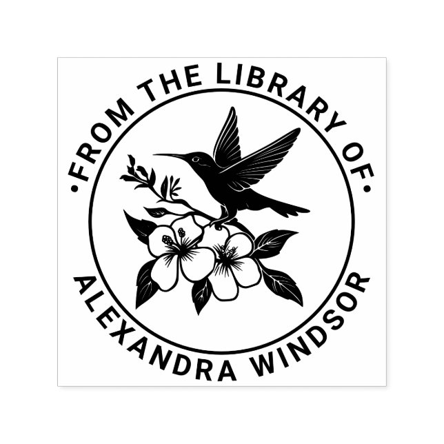 Hummingbird on Floral Branch Library Book Name Self-inking Stamp (Design)