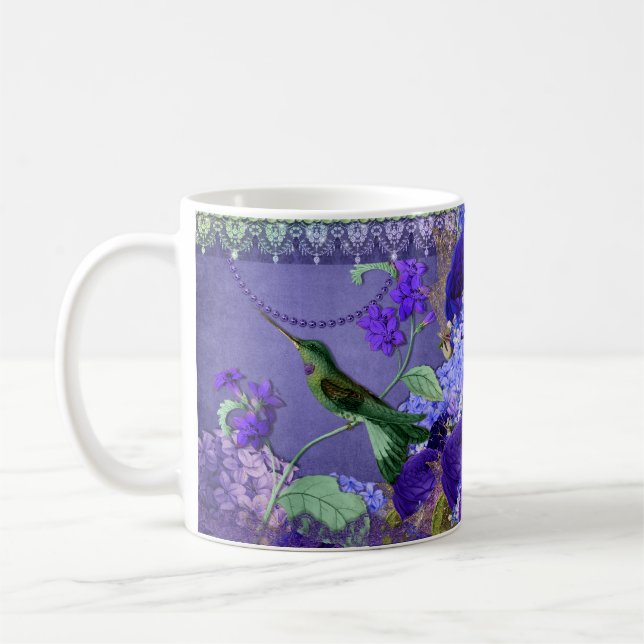 Hummingbird on purple crystal and lace back with coffee mug (Left)