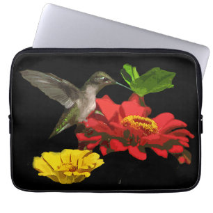 Hummingbird on Red and Yellow Zinnias Laptop Sleeve