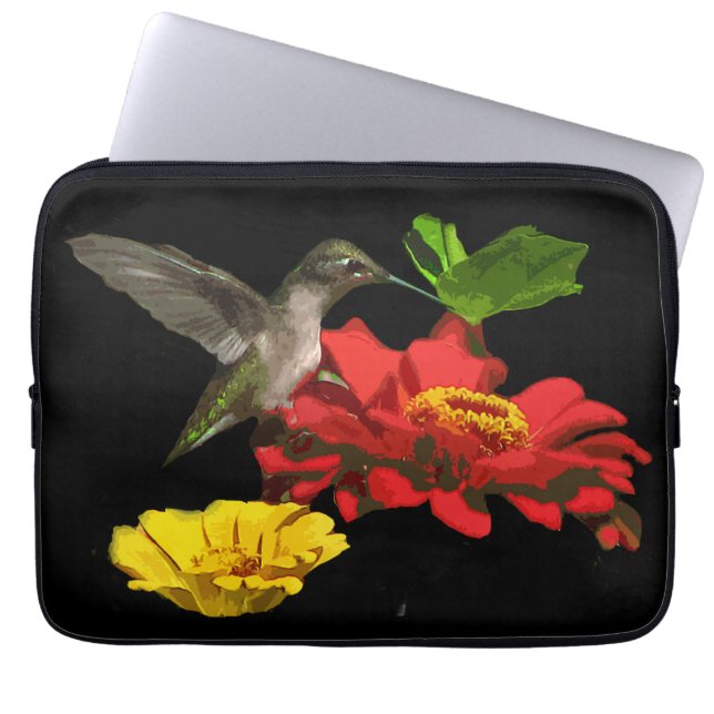 Hummingbird on Red and Yellow Zinnias Laptop Sleeve (Front)