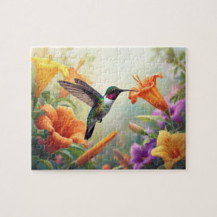 Hummingbird & Orange Lily Garden Scene Jigsaw Puzzle
