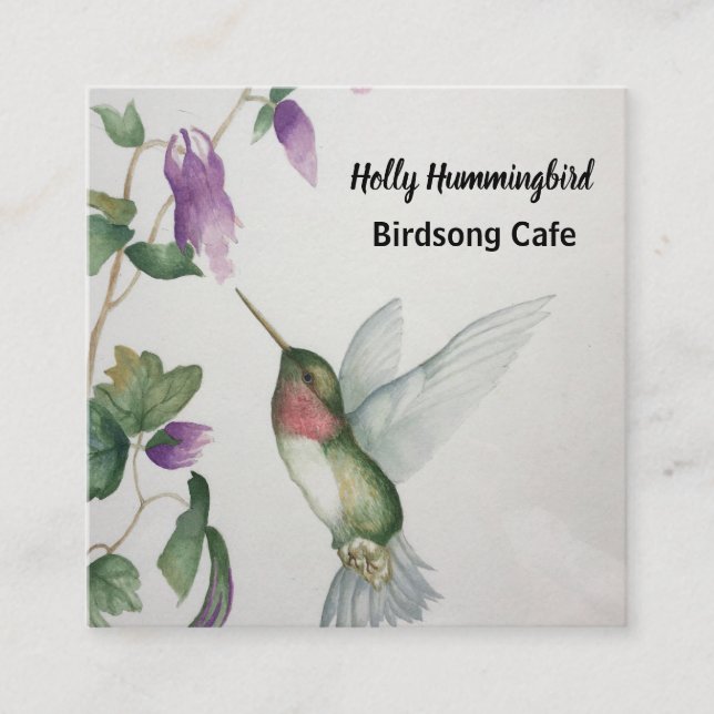 Hummingbird Painting Watercolor Elegant Floral Square Business Card (Front)