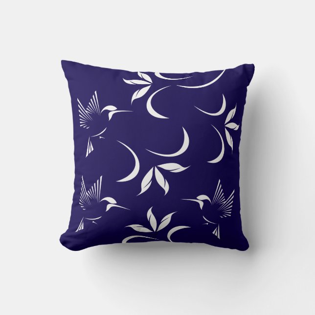 Hummingbird Pattern On Navy Blue Cushion (Front)