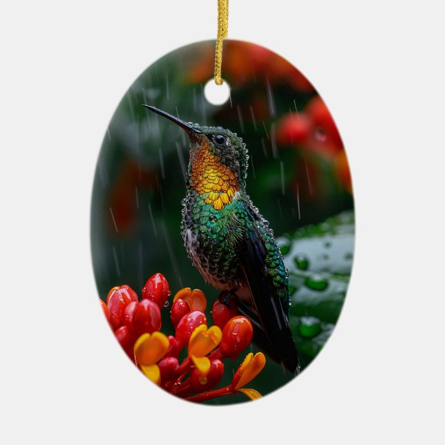Hummingbird Perched on Bright Flower Ceramic Tree Decoration (Front)