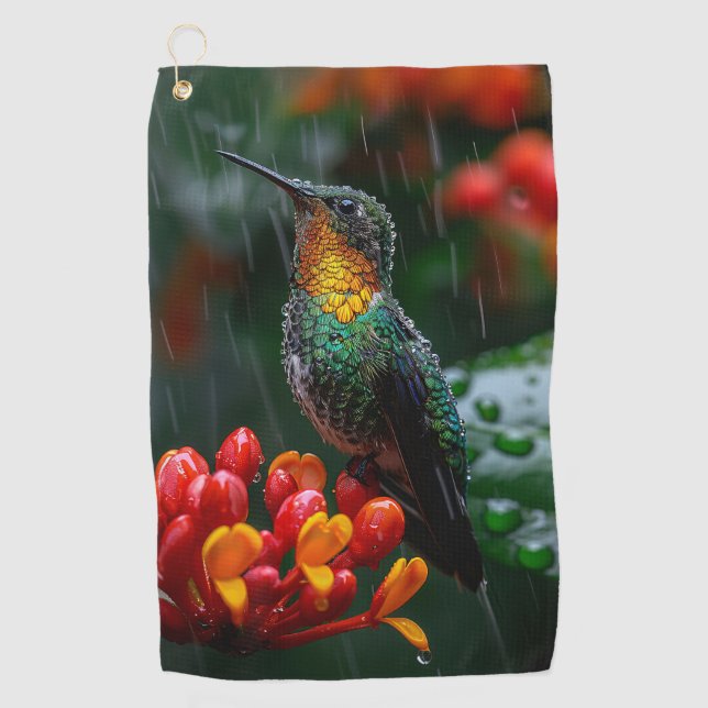 Hummingbird Perched on Bright Flower Golf Towel (Front)
