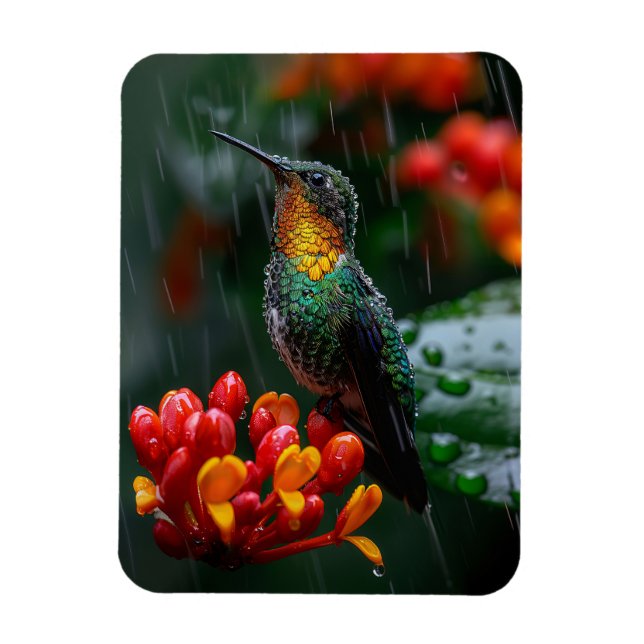 Hummingbird Perched on Bright Flower Magnet (Vertical)
