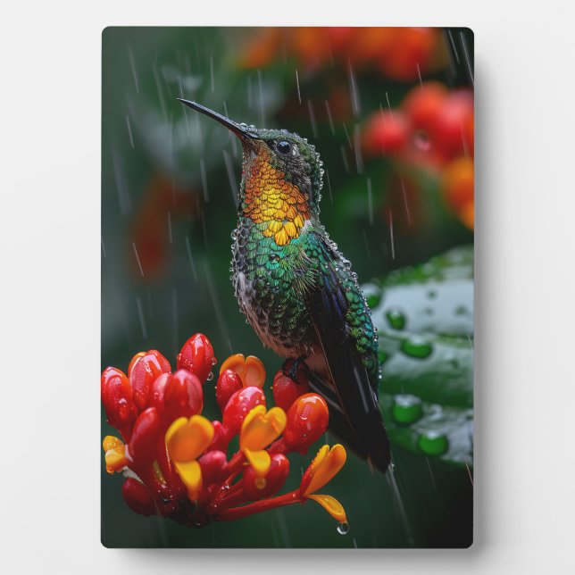 Hummingbird Perched on Bright Flower Plaque (Front)
