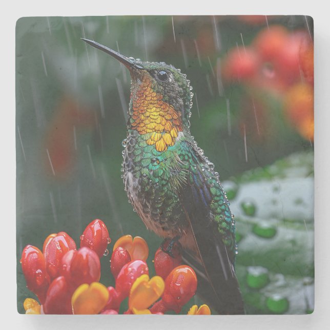 Hummingbird Perched on Bright Flower Stone Coaster (Front)
