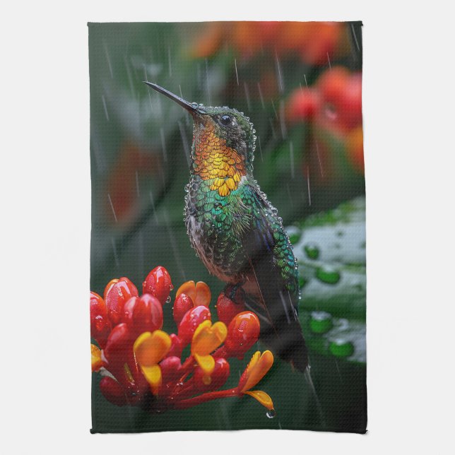 Hummingbird Perched on Bright Flower Tea Towel (Vertical)