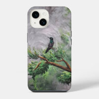 Hummingbird Perched on Leafy Branch