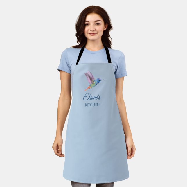 Hummingbird Personalised Light Blue Kitchen Apron (Worn)