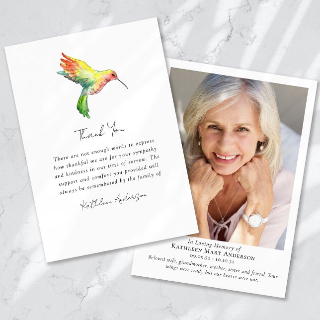 Hummingbird Photo Memorial Sympathy Funeral Thank You Card (Creator Uploaded)