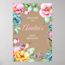 Hummingbird Pink Girls 1st Birthday Welcome Sign