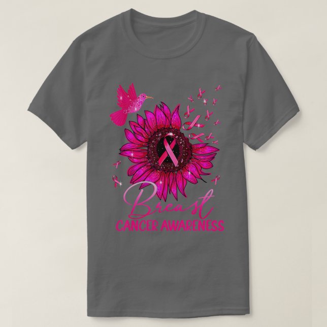 Hummingbird Pink Sunflower Breast Cancer Awareness T-Shirt (Design Front)