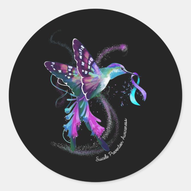 Hummingbird Purple Blue Ribbon Suicide Prevention  Classic Round Sticker (Front)