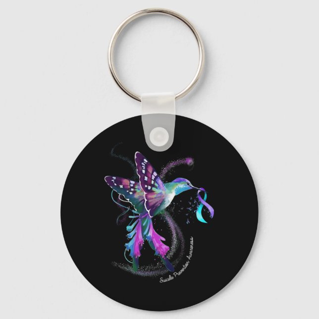 Hummingbird Purple Blue Ribbon Suicide Prevention  Key Ring (Front)