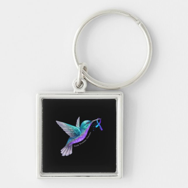 Hummingbird Purple Blue Ribbon Suicide Prevention Key Ring (Front)