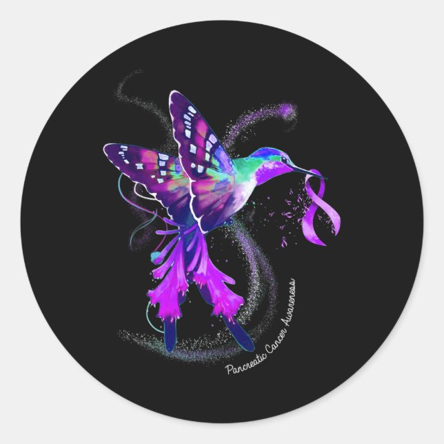 Hummingbird Purple Ribbon Pancreatic Cancer Awaren Classic Round Sticker (Front)