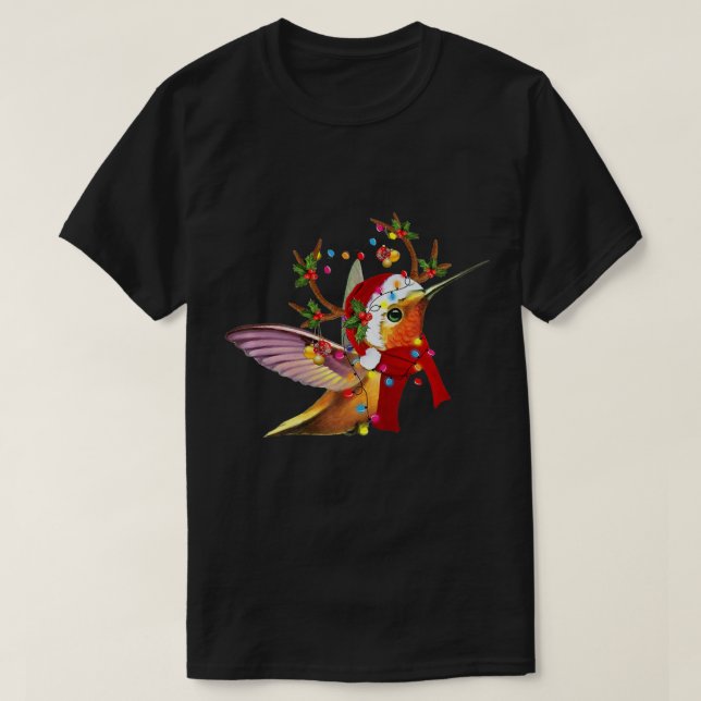 Hummingbird Reindeer Hat Santa Christmas Lights Xm T-Shirt (Design Front)