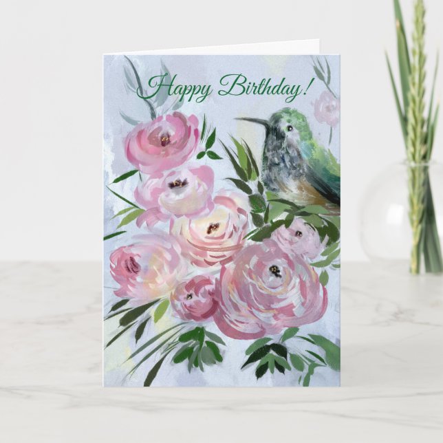 Hummingbird & Roses Birthday Greeting Card (Front)