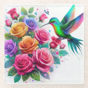 Hummingbird & Roses Glass Coaster