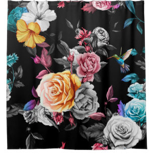 Hummingbird, roses: watercolor black background shower curtain
